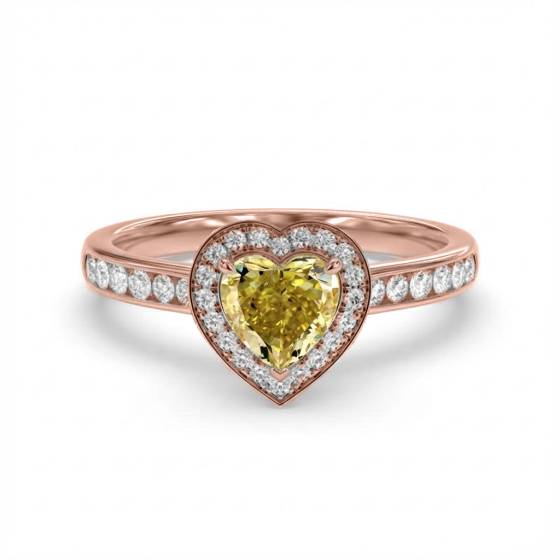 Yellow Heart Shaped Diamond Single Halo Shoulder Set Ring