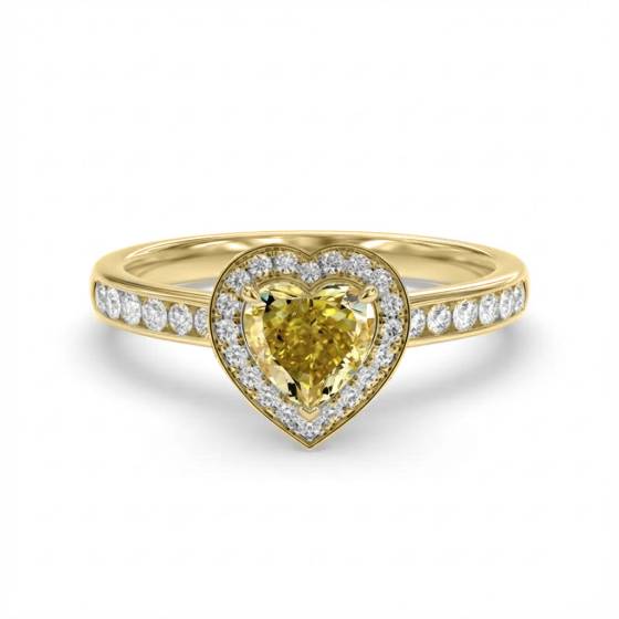 Yellow Heart Shaped Diamond Single Halo Shoulder Set Ring