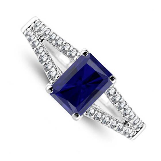 Fancy Blue Sapphire Radiant Diamond Shoulder Set Ring