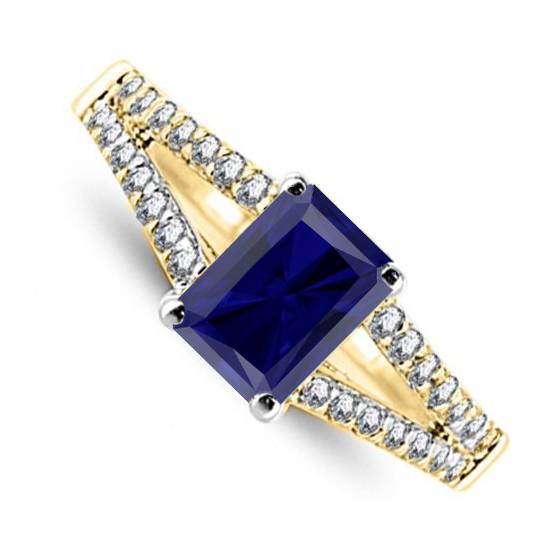 Fancy Blue Sapphire Radiant Diamond Shoulder Set Ring