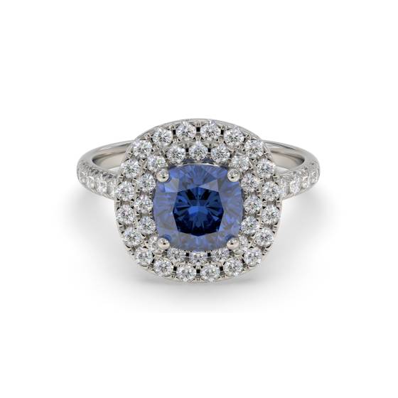 Cushion Blue Sapphire and Diamond Double Halo Shoulder Set Ring