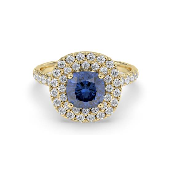 Cushion Blue Sapphire and Diamond Double Halo Shoulder Set Ring