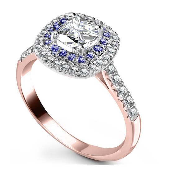 Cushion Diamond and Blue Sapphire Double Halo Shoulder Set Ring