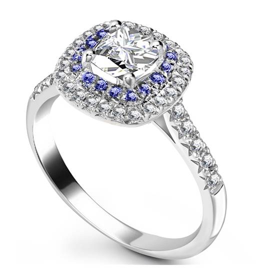 Cushion Diamond and Blue Sapphire Double Halo Shoulder Set Ring