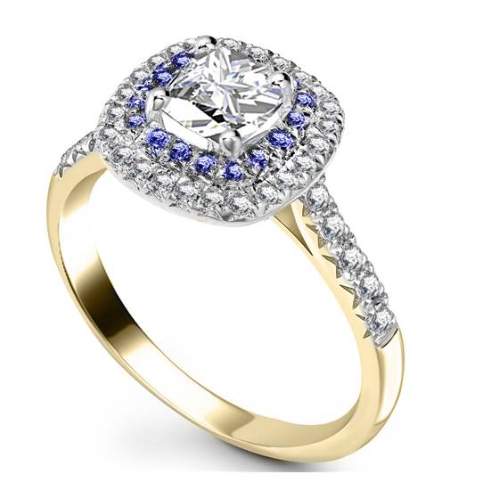 Cushion Diamond and Blue Sapphire Double Halo Shoulder Set Ring