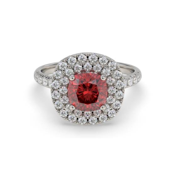 Cushion Ruby and Diamond Double Halo Shoulder Set Ring