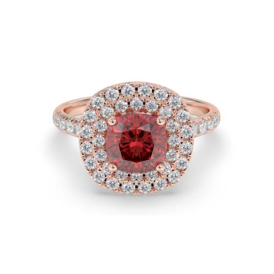 Cushion Ruby and Diamond Double Halo Shoulder Set Ring