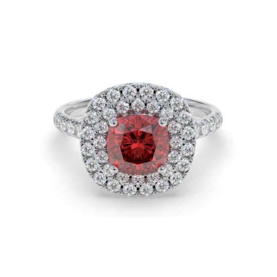 Cushion Ruby and Diamond Double Halo Shoulder Set Ring