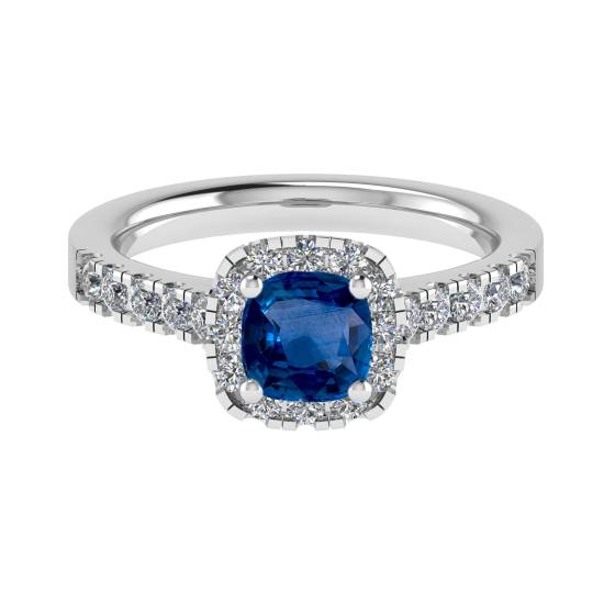 Cushion Blue Sapphire and Diamond Halo Ring