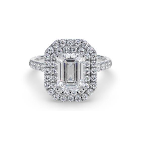 Emerald Diamond Double Halo Shoulder Set Ring