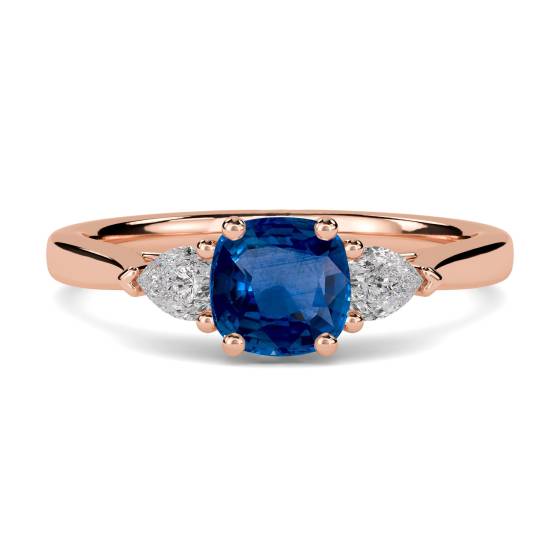 Blue Sapphire Cushion and Pear Diamond Trilogy Ring