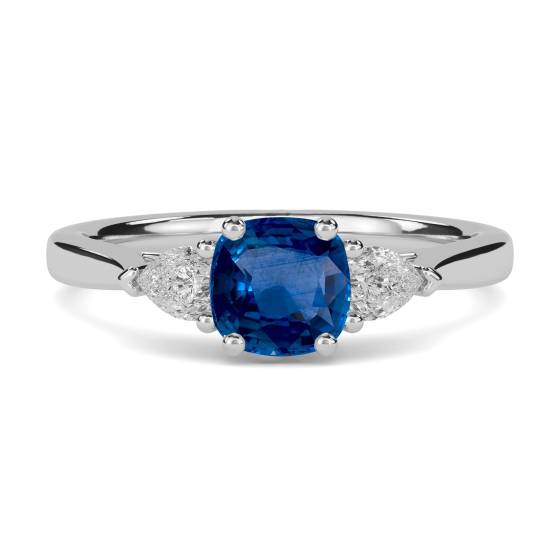 Blue Sapphire Cushion and Pear Diamond Trilogy Ring
