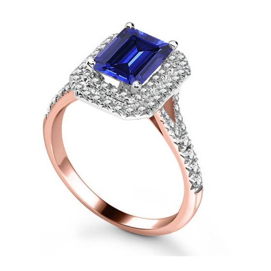 Blue Sapphire and Diamond Double Halo Shoulder Set Ring