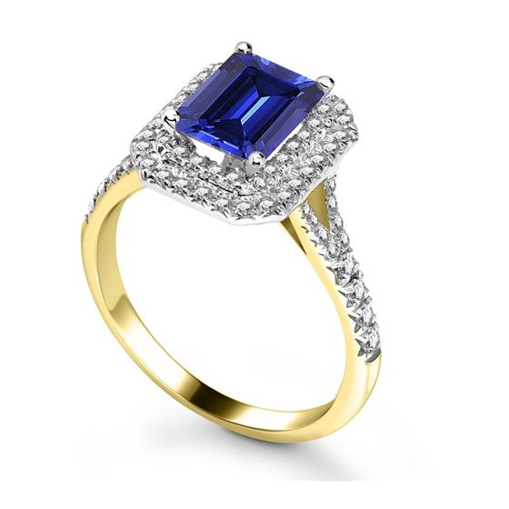 Blue Sapphire and Diamond Double Halo Shoulder Set Ring