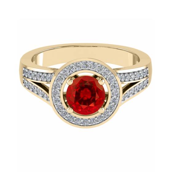 Round Ruby and Diamond Halo Shoulder Set Ring
