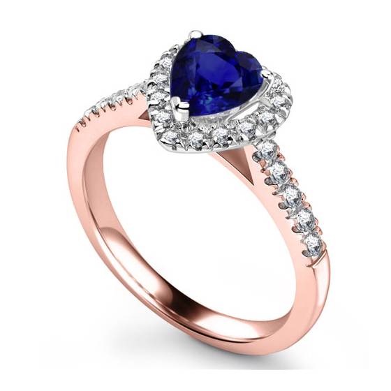 Blue Sapphire Heart Shaped Diamond Single Halo Shoulder Set Ring