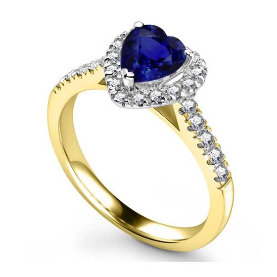 Blue Sapphire Heart Shaped Diamond Single Halo Shoulder Set Ring
