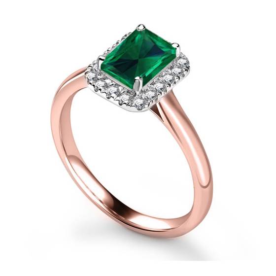 Green Emerald Radiant Shaped Diamond Single Halo Shoulder Set Ring