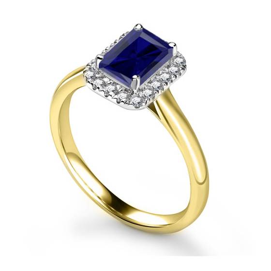 Blue Sapphire Radiant Shaped Diamond Single Halo Shoulder Set Ring