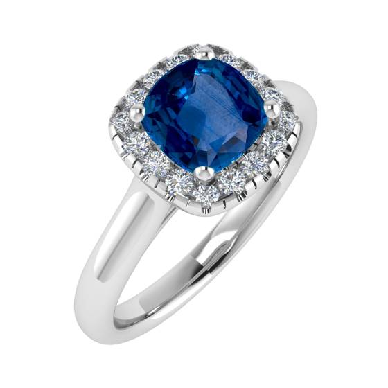 Cushion Blue Sapphire and Diamond Halo Ring