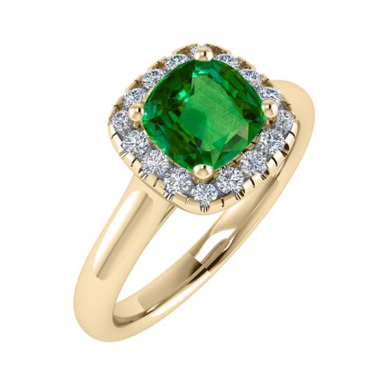 Green Emerald Cushion Shaped Diamond Single Halo Shoulder Set Ring