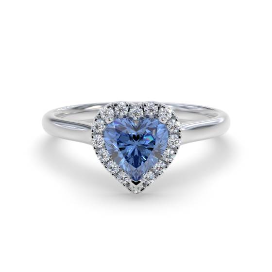 Blue Sapphire Heart Shaped Diamond Single Halo Shoulder Set Ring