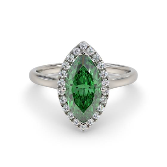 Green Emerald Marquise Shaped Diamond Single Halo Shoulder Set Ring