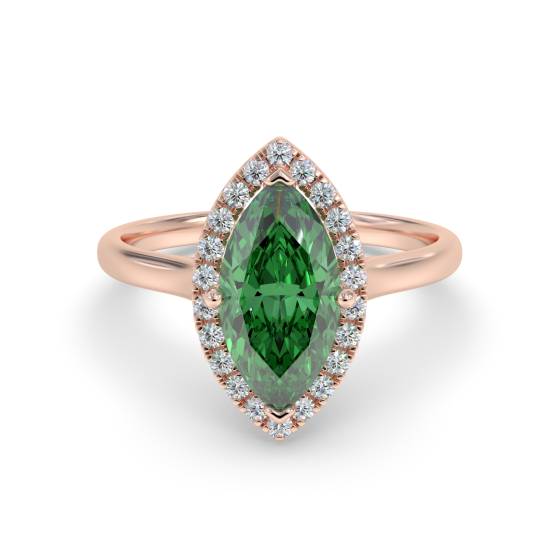 Green Emerald Marquise Shaped Diamond Single Halo Shoulder Set Ring