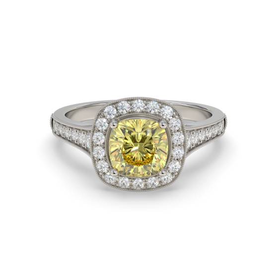 Fancy Yellow Cushion Diamond Shoulder Set Ring