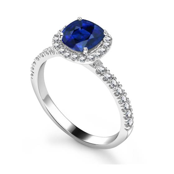 Blue Sapphire and Diamond Single Halo Shoulder Set Ring