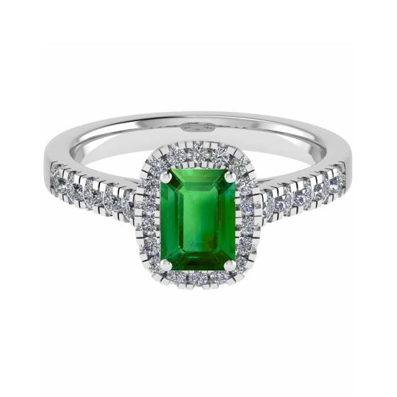 Emerald and Diamond Single Halo Shoulder Set Ring