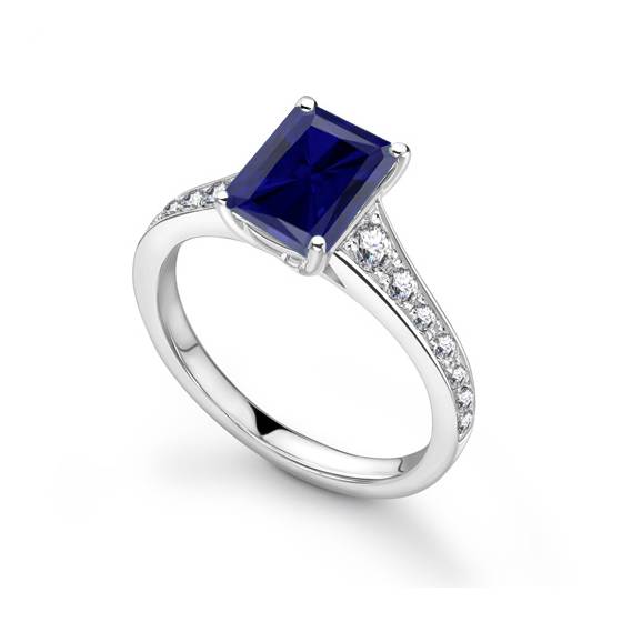 Fancy Blue Sapphire Radiant Diamond Shoulder Set Ring