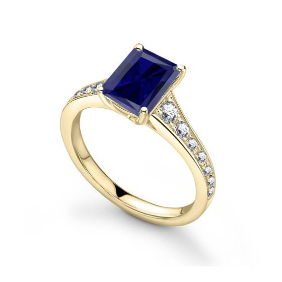 Fancy Blue Sapphire Radiant Diamond Shoulder Set Ring