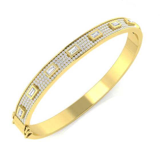 Round Diamond and Emerald Baguette Bezel Set Bangle