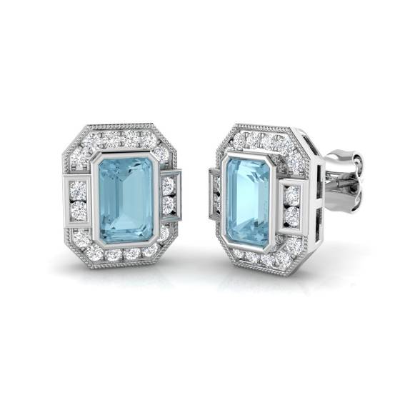 Emerald Cut Aquamarine Diamond Stud Earrings