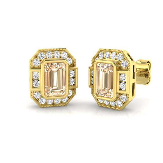 Emerald Cut Morganite Diamond Stud Earrings