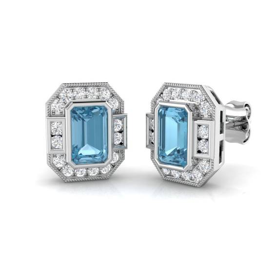 Emerald Cut Aquamarine Gemstone Stud Earrings