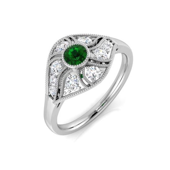 0.45ct VS/E-F Round cut Green Emerald Gemstone Ring in 18k White Gold
