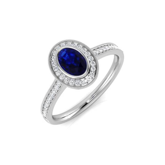 0.68ct VS/E-F Oval cut Blue Sapphire Gemstone Halo Shoulder Set Ring in 18k White Gold