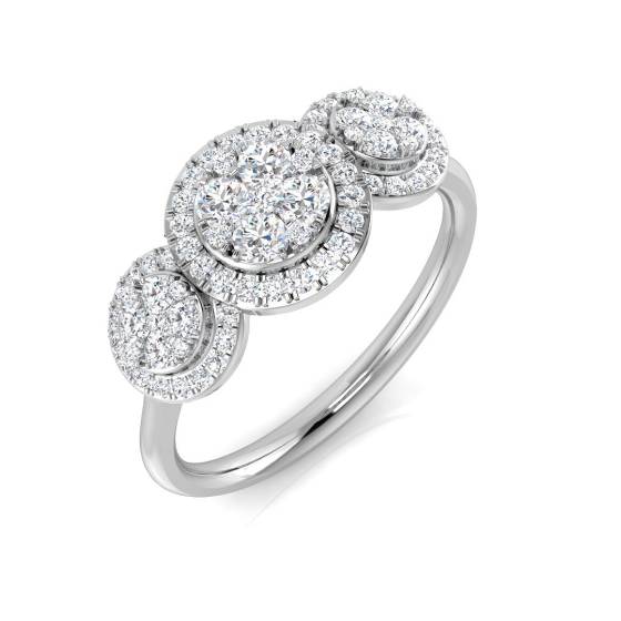 0.48ct VS/E-F Round cut Natural Diamond Cluster Trilogy Ring in 18k White Gold