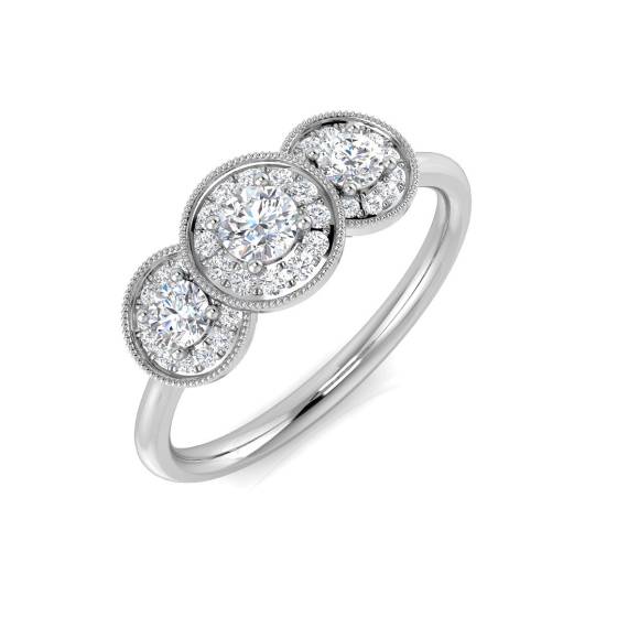 0.40ct VS/E-F Round cut Natural Diamond Art Deco Trilogy Cluster Ring in 18k White Gold