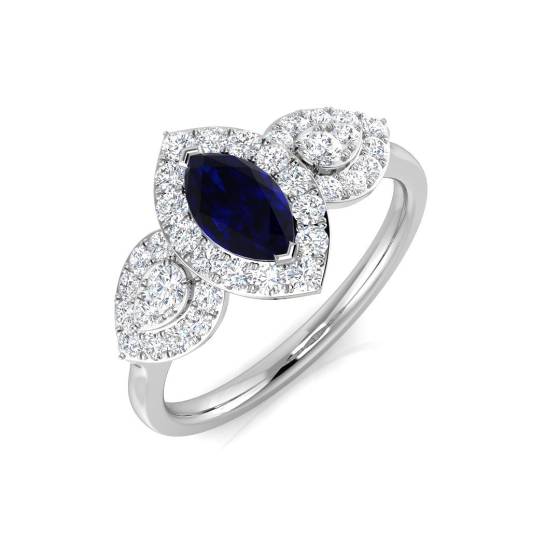 0.84ct VS/E-F Marquise cut Blue Sapphire Gemstone Halo Trilogy Ring in 18k White Gold