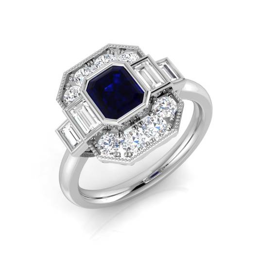 Emerald Cut Blue Sapphire Gemstone Bezel Set Ring