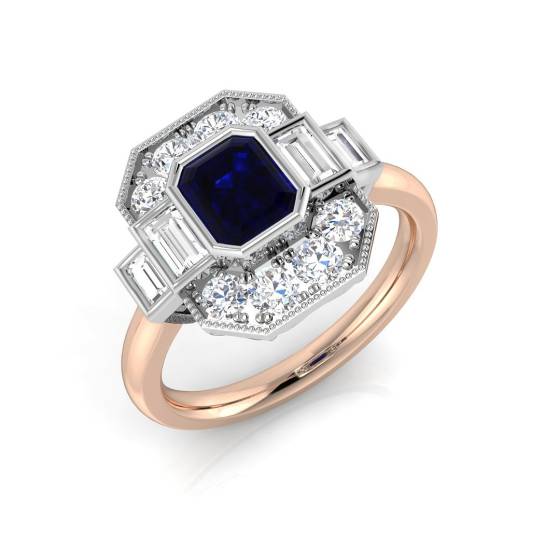 Emerald Cut Blue Sapphire Gemstone Bezel Set Ring
