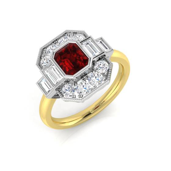Emerald Cut Ruby Gemstone Bezel Set Halo Ring