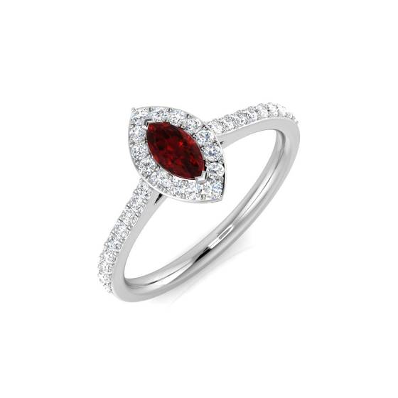 0.60ct VS/E-F Marquise cut Ruby Gemstone Halo Shoulder Set Ring in 18k White Gold