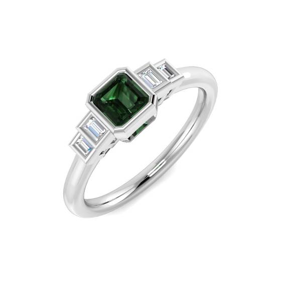 Princess Green Sapphire and Baguette Gemstone Ring
