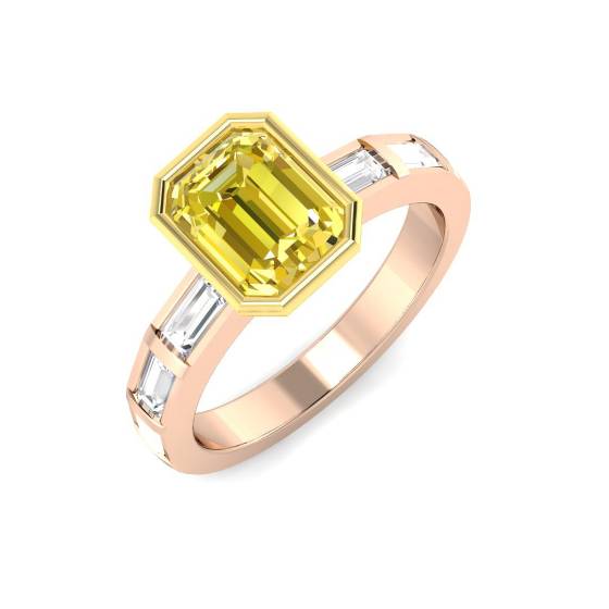 Emerald Cut Yellow Diamond Bezel Set Shoulder Set Ring