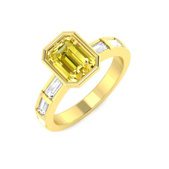 Emerald Cut Yellow Diamond Bezel Set Shoulder Set Ring