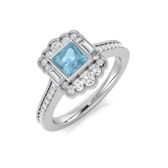 Princess Cut Aquamarine Gemstone Bezel Set Ring